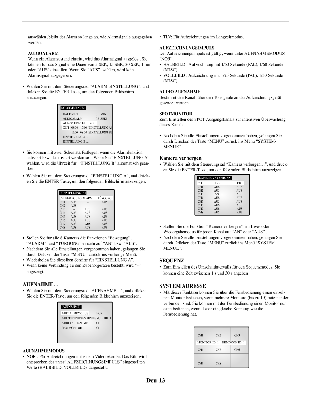 Samsung SMO-150MP/UMG, SMO-150TRP manual Deu-13, Kamera verbergen, Sequenz, Aufnahme…, System Adresse 