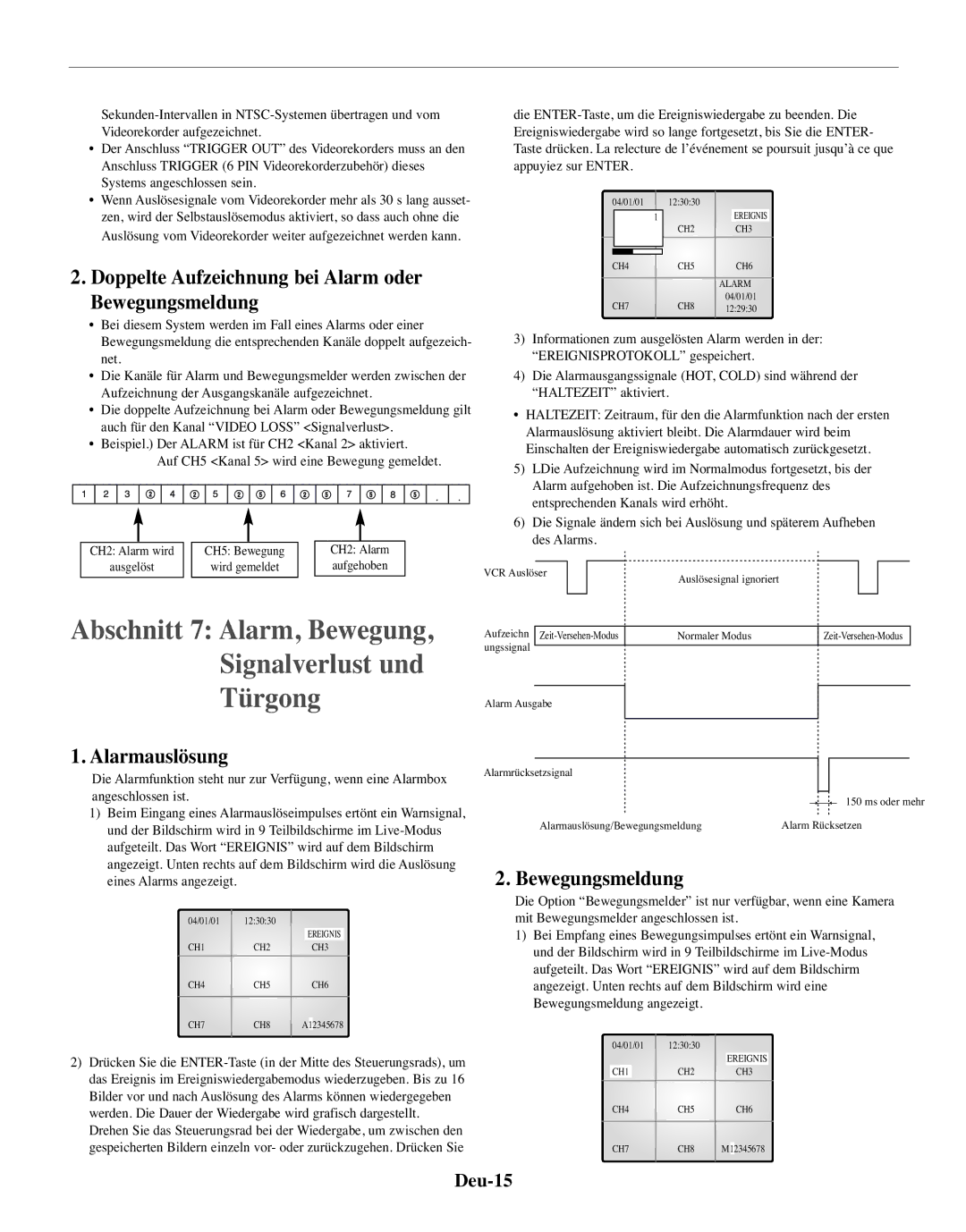 Samsung SMO-150MP/UMG, SMO-150TRP Türgong, Doppelte Aufzeichnung bei Alarm oder Bewegungsmeldung, Alarmauslösung, Deu-15 