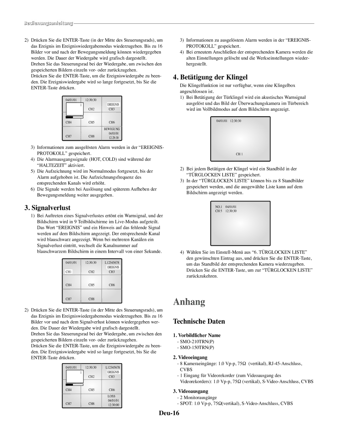 Samsung SMO-150TRP, SMO-150MP/UMG manual Anhang, Signalverlust, Betätigung der Klingel, Technische Daten, Deu-16 