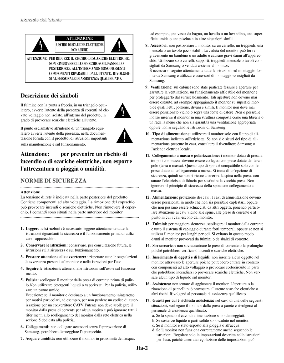 Samsung SMO-150TRP, SMO-150MP/UMG manual Descrizione dei simboli, Ita-2, Sulla manutenzione e sul funzionamento, Attenzione 