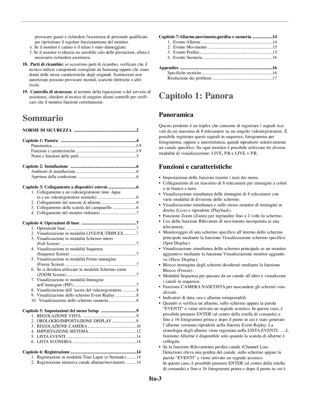 Samsung SMO-150MP/UMG, SMO-150TRP manual Sommario, Capitolo 1 Panora, Panoramica, Funzioni e caratteristiche, Ita-3 