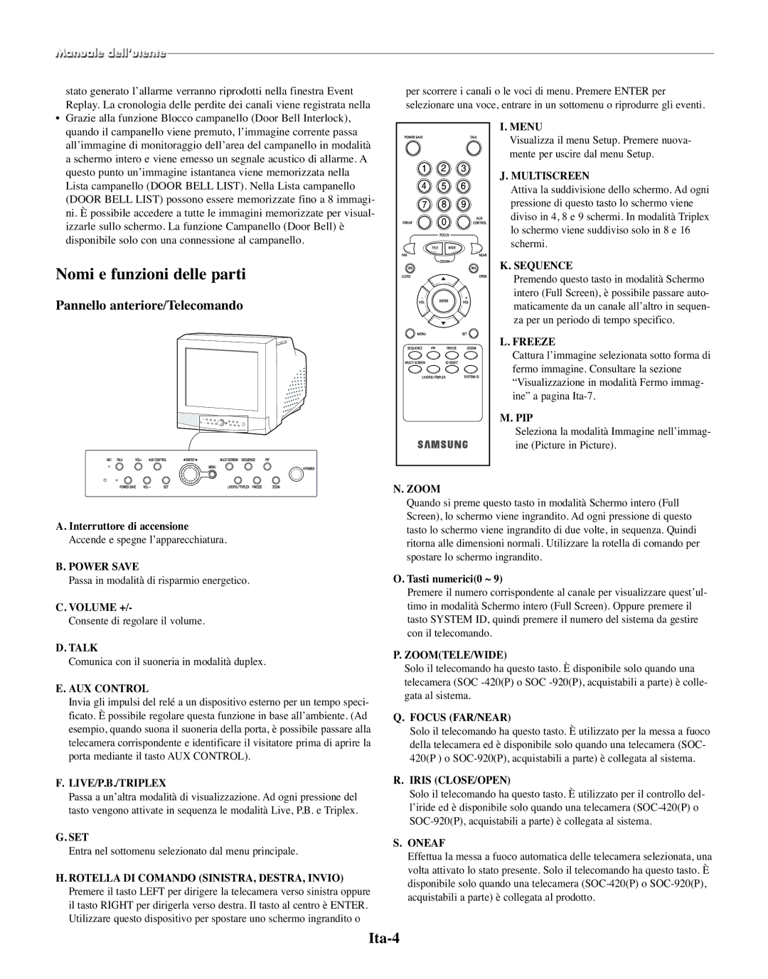 Samsung SMO-150TRP Nomi e funzioni delle parti, Ita-4, Pannello anteriore/Telecomando, Focus FAR/NEAR, Iris CLOSE/OPEN 