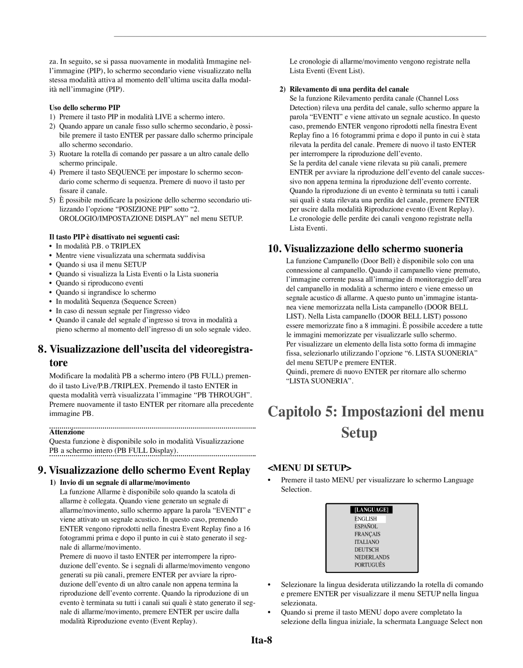 Samsung SMO-150TRP Capitolo 5 Impostazioni del menu Setup, Visualizzazione dell’uscita del videoregistra- tore, Ita-8 