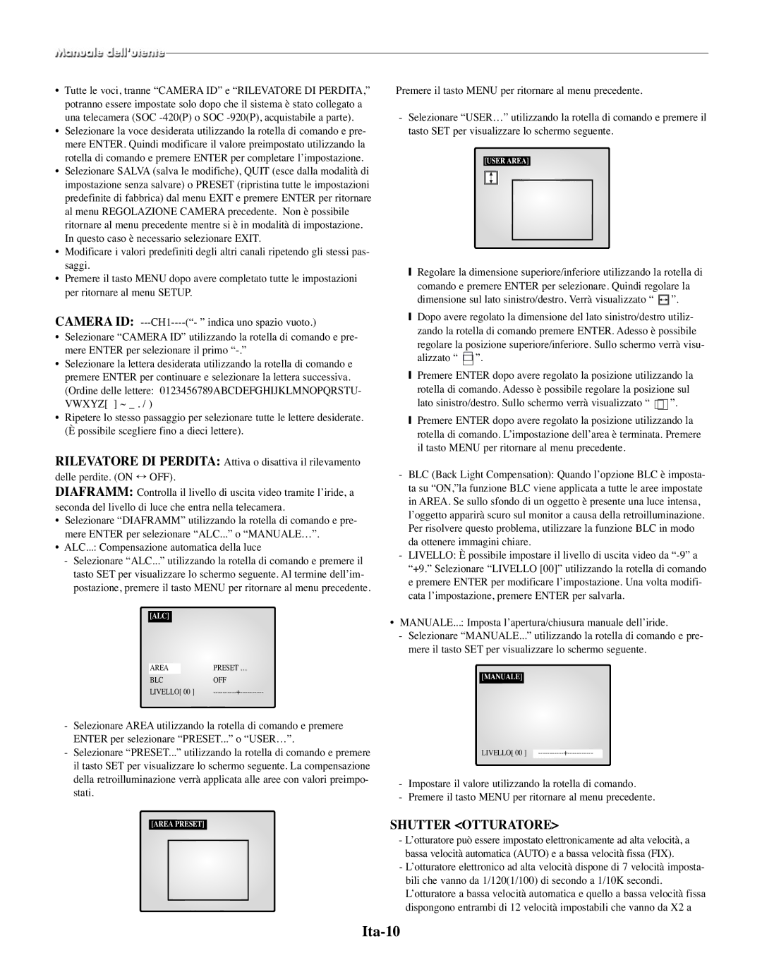 Samsung SMO-150TRP, SMO-150MP/UMG manual Ita-10, Shutter Otturatore, Area Preset, Manuale 