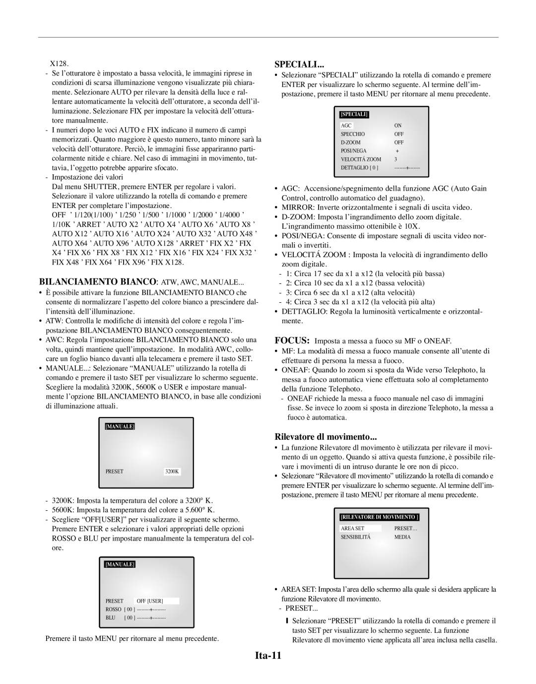 Samsung SMO-150MP/UMG, SMO-150TRP manual Ita-11, Bilanciamento Bianco ATW, AWC, Manuale, Speciali, Rilevatore dl movimento 