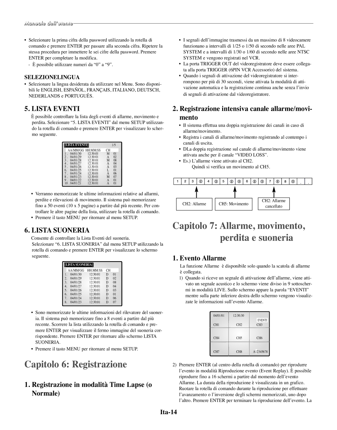 Samsung SMO-150TRP, SMO-150MP/UMG manual Capitolo 6 Registrazione, Lista Eventi, Lista Suoneria 