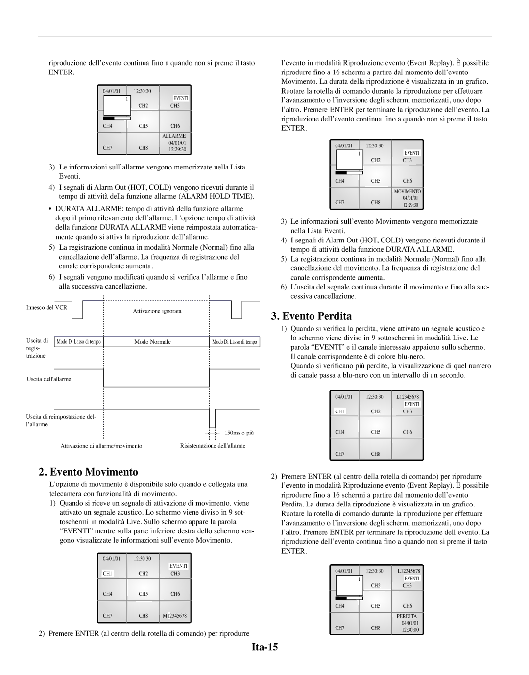 Samsung SMO-150MP/UMG, SMO-150TRP manual Evento Movimento, Evento Perdita, Ita-15 