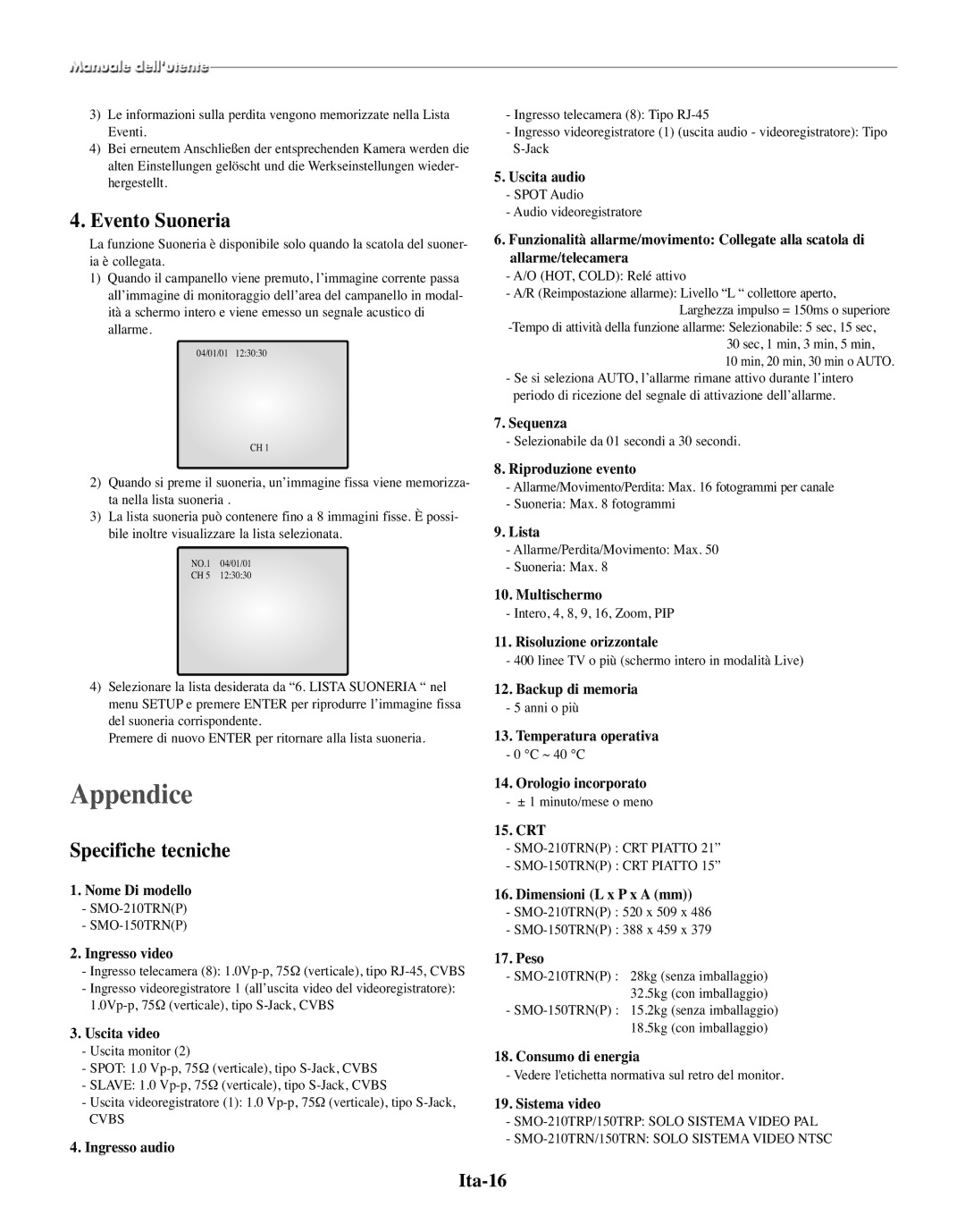 Samsung SMO-150TRP, SMO-150MP/UMG manual Appendice, Evento Suoneria, Specifiche tecniche, Ita-16 