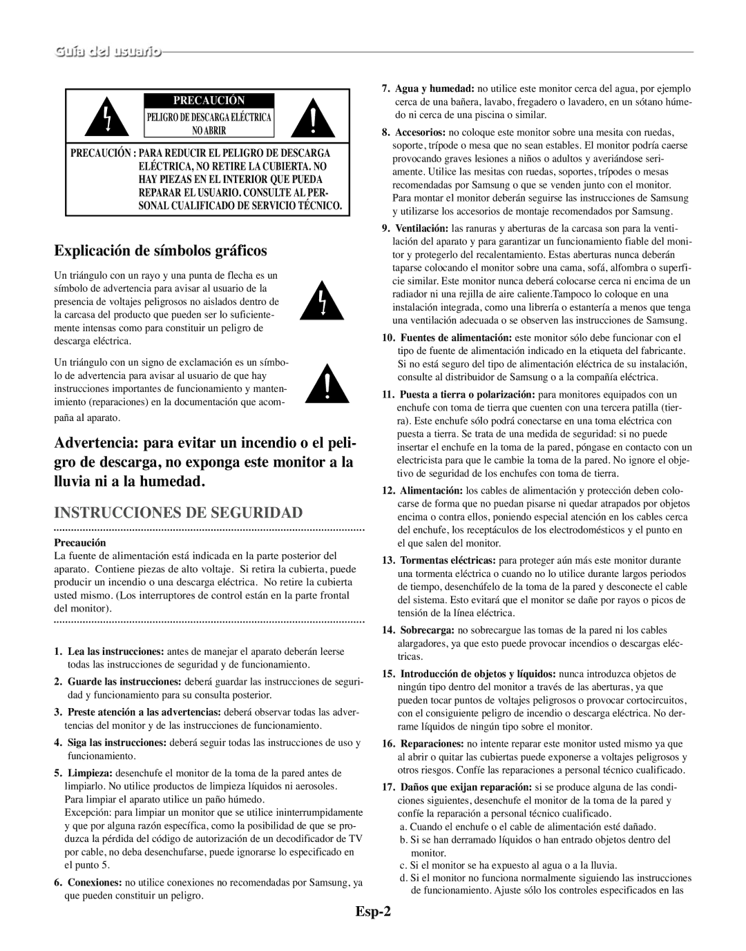 Samsung SMO-150MP/UMG, SMO-150TRP manual Explicación de símbolos gráficos, Esp-2, Paña al aparato, Precaución 