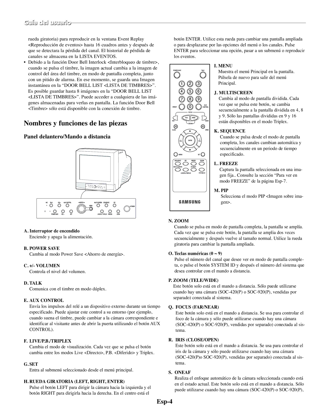 Samsung SMO-150MP/UMG, SMO-150TRP manual Nombres y funciones de las piezas, Esp-4, Panel delantero/Mando a distancia 