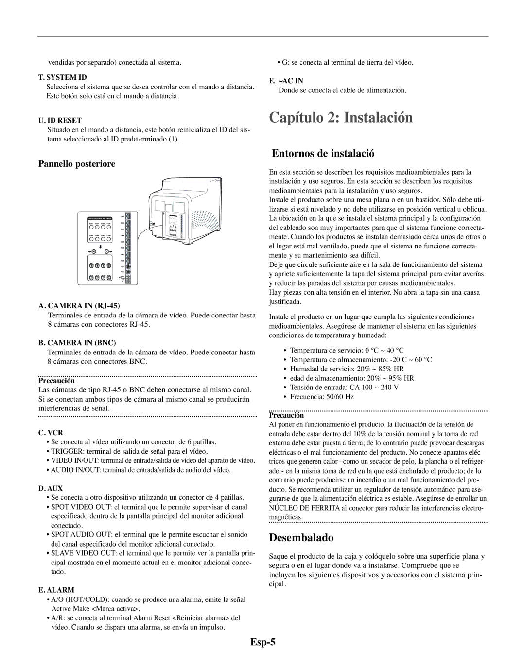 Samsung SMO-150TRP, SMO-150MP/UMG manual Capítulo 2 Instalación, Entornos de instalació, Desembalado, Esp-5 