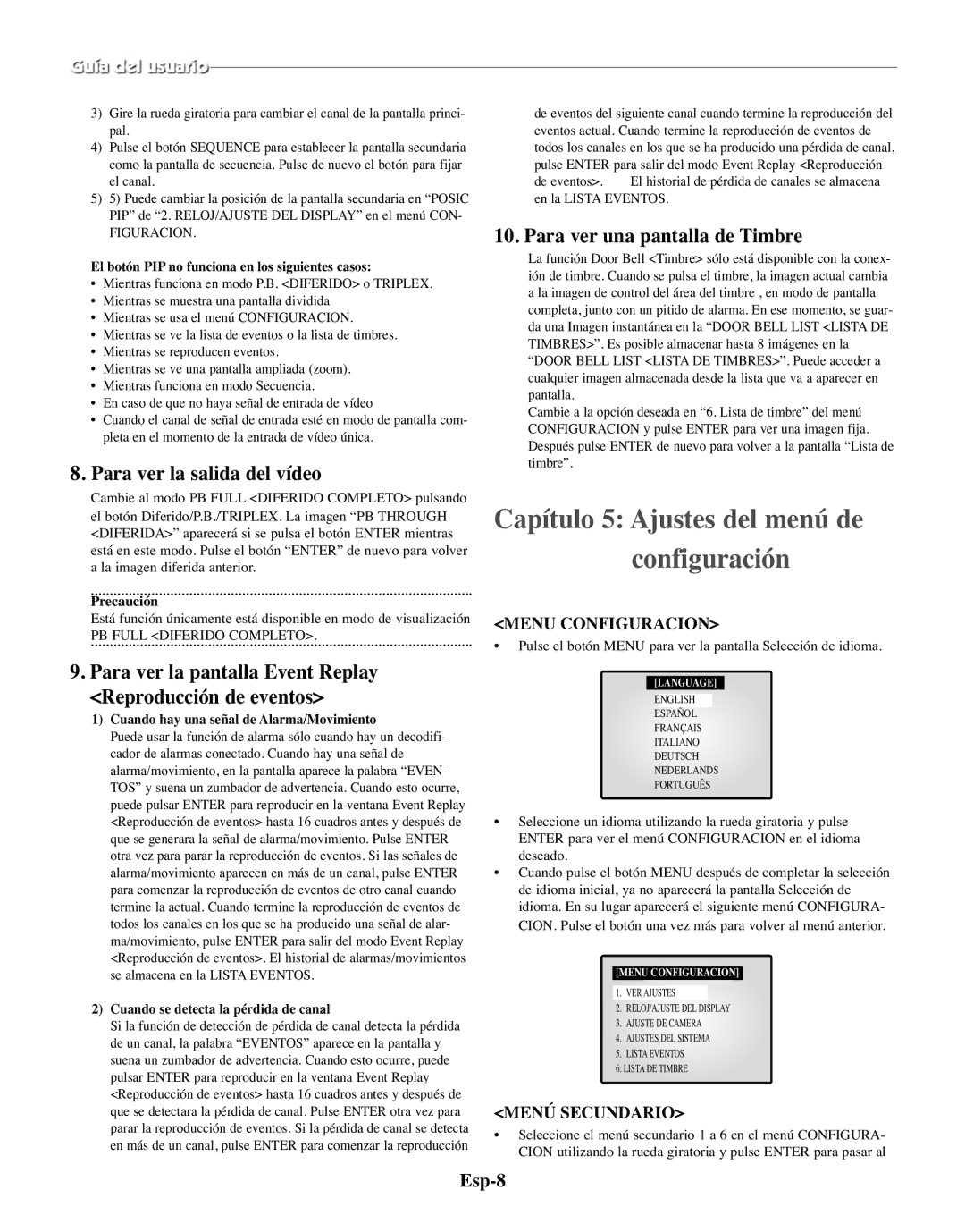 Samsung SMO-150MP/UMG, SMO-150TRP manual Capítulo 5 Ajustes del menú de configuración, Para ver la salida del vídeo, Esp-8 