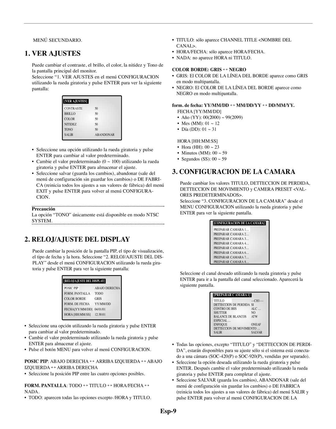 Samsung SMO-150TRP, SMO-150MP/UMG manual VER Ajustes, RELOJ/AJUSTE DEL Display, Configuracion DE LA Camara, Esp-9 