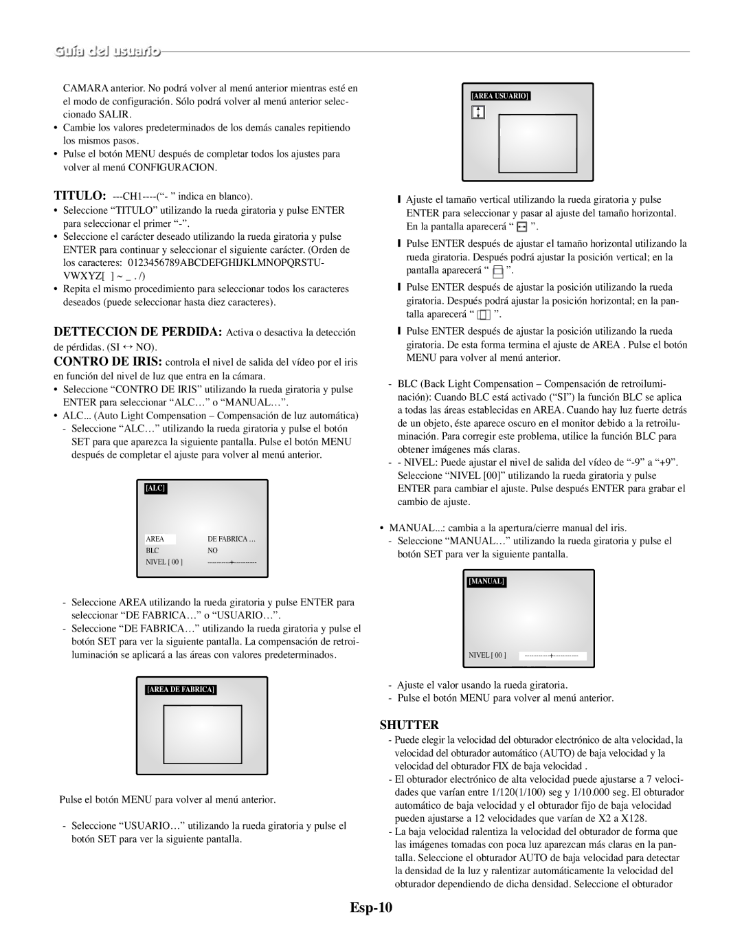 Samsung SMO-150MP/UMG, SMO-150TRP manual Esp-10, Area Usuario, Area DE Fabrica 