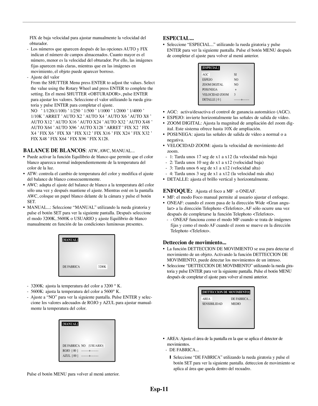 Samsung SMO-150TRP manual Esp-11, Especial, Detteccion de movimiento, Balance DE Blancos ATW, AWC, Manual, DE Fabrica 