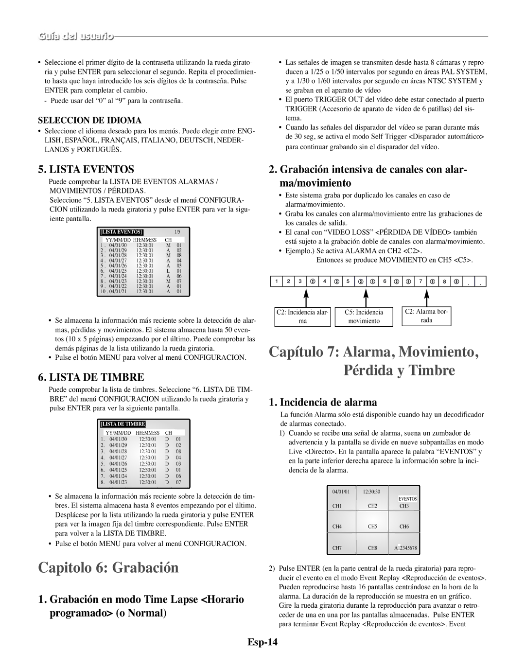 Samsung SMO-150MP/UMG, SMO-150TRP manual Capitolo 6 Grabación, Lista Eventos, Lista DE Timbre 