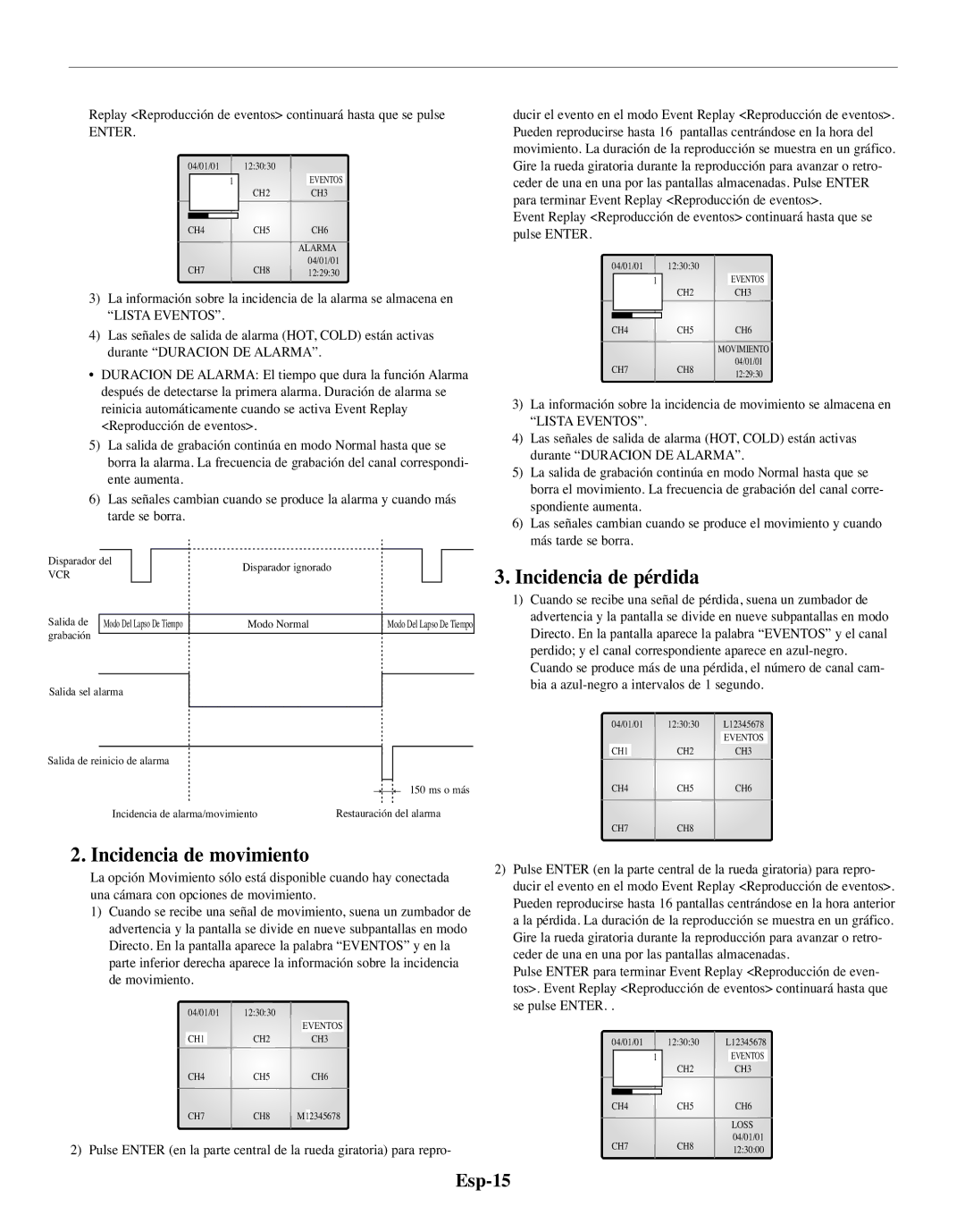 Samsung SMO-150TRP, SMO-150MP/UMG manual Incidencia de movimiento, Incidencia de pérdida, Esp-15 