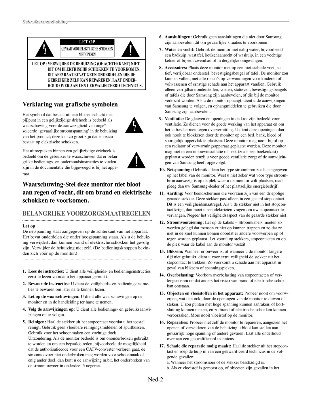 Samsung SMO-150MP/UMG, SMO-150TRP Verklaring van grafische symbolen, Ned-2, Gevaarvoorelektrischeschokken, Raat, Let op 