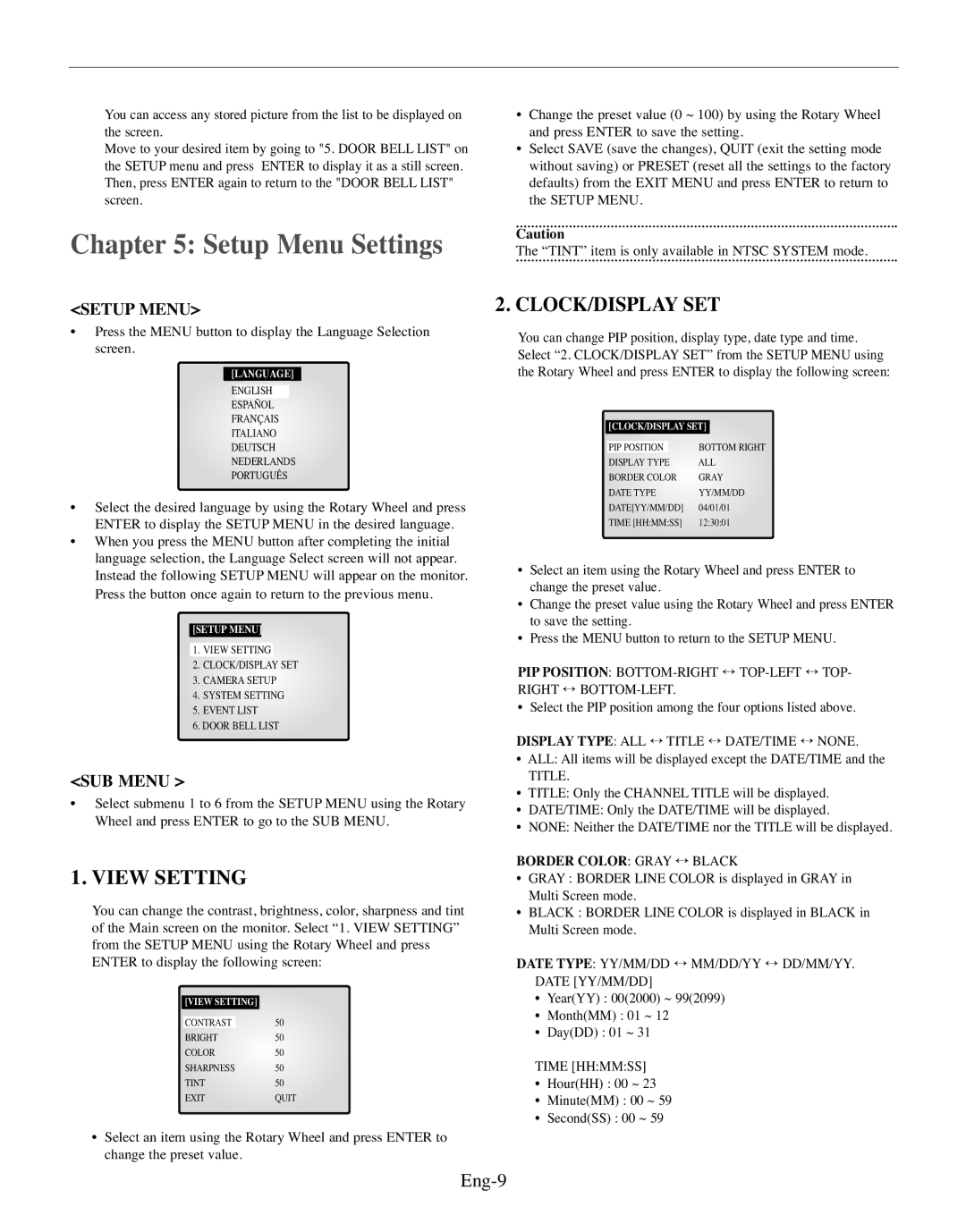 Samsung SMO-150MP/UMG, SMO-150TRP manual Setup Menu Settings, View Setting, Clock/Display Set, Eng-9 