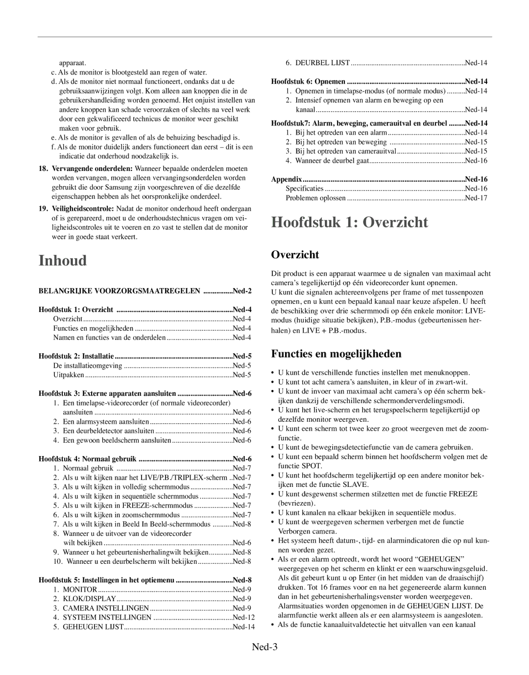 Samsung SMO-150TRP, SMO-150MP/UMG manual Hoofdstuk 1 Overzicht Inhoud, Functies en mogelijkheden, Ned-3 