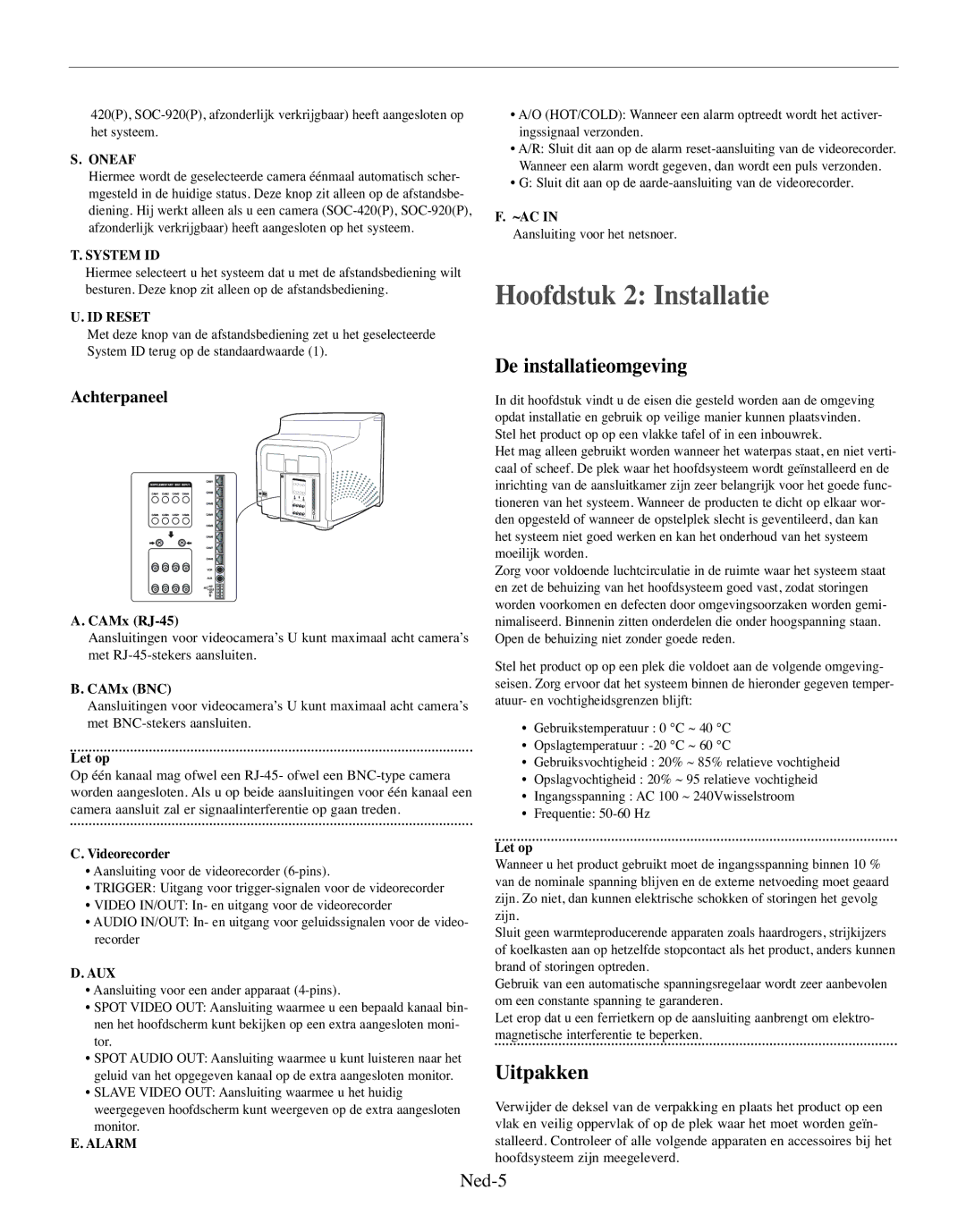 Samsung SMO-150TRP, SMO-150MP/UMG manual Hoofdstuk 2 Installatie, De installatieomgeving, Uitpakken, Ned-5, Achterpaneel 