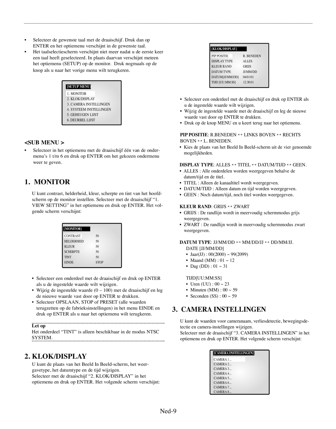 Samsung SMO-150TRP, SMO-150MP/UMG manual Monitor, Klok/Display, Camera Instellingen, Ned-9 