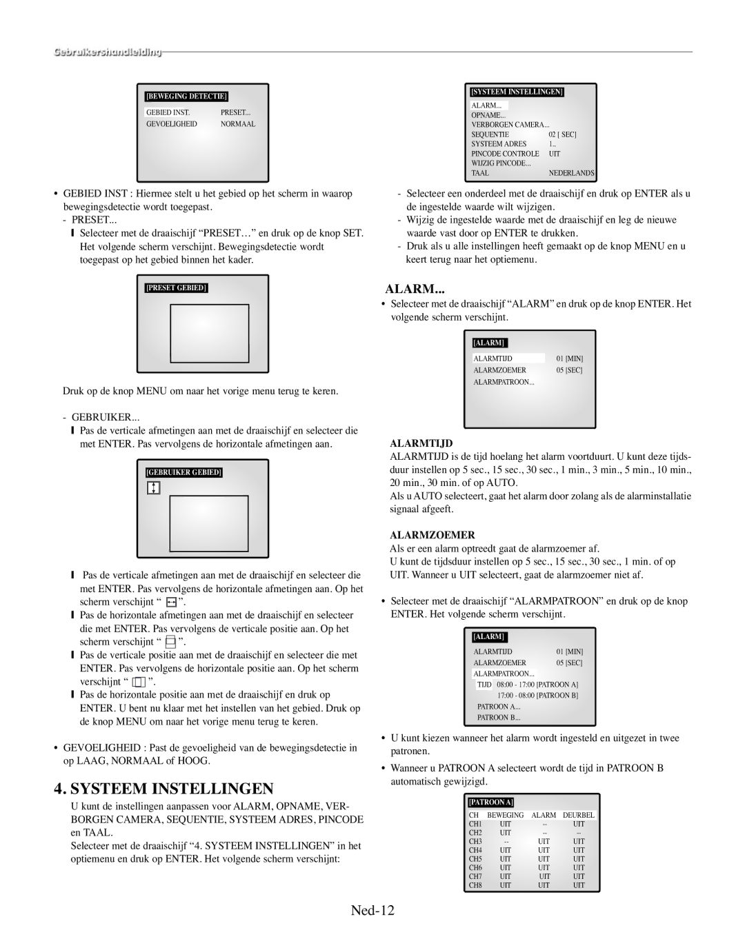 Samsung SMO-150MP/UMG, SMO-150TRP manual Systeem Instellingen, Ned-12, Gebruiker, Alarmtijd, Alarmzoemer 