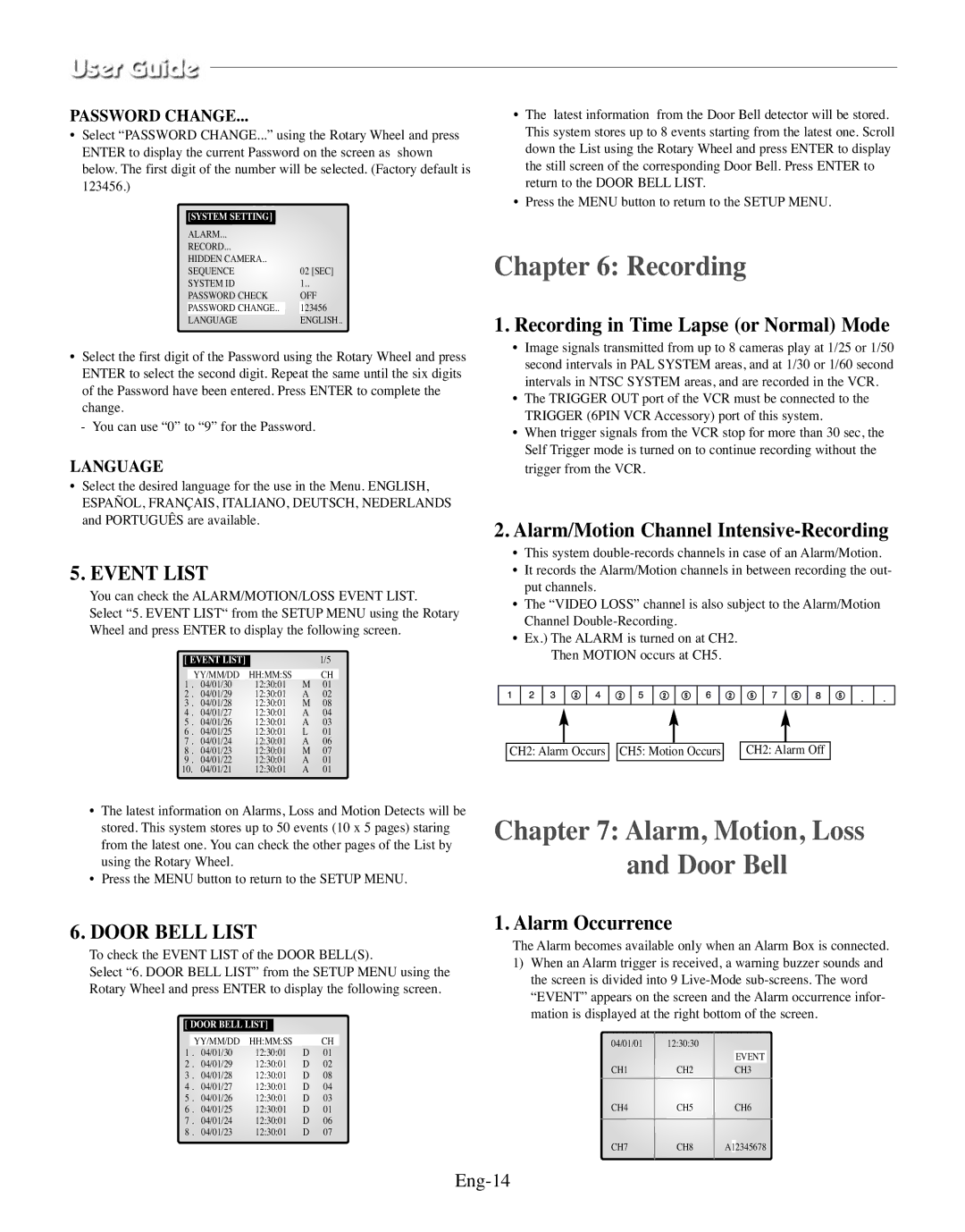 Samsung SMO-150TRP, SMO-150MP/UMG manual Recording, Alarm, Motion, Loss and Door Bell, Event List, Door Bell List 