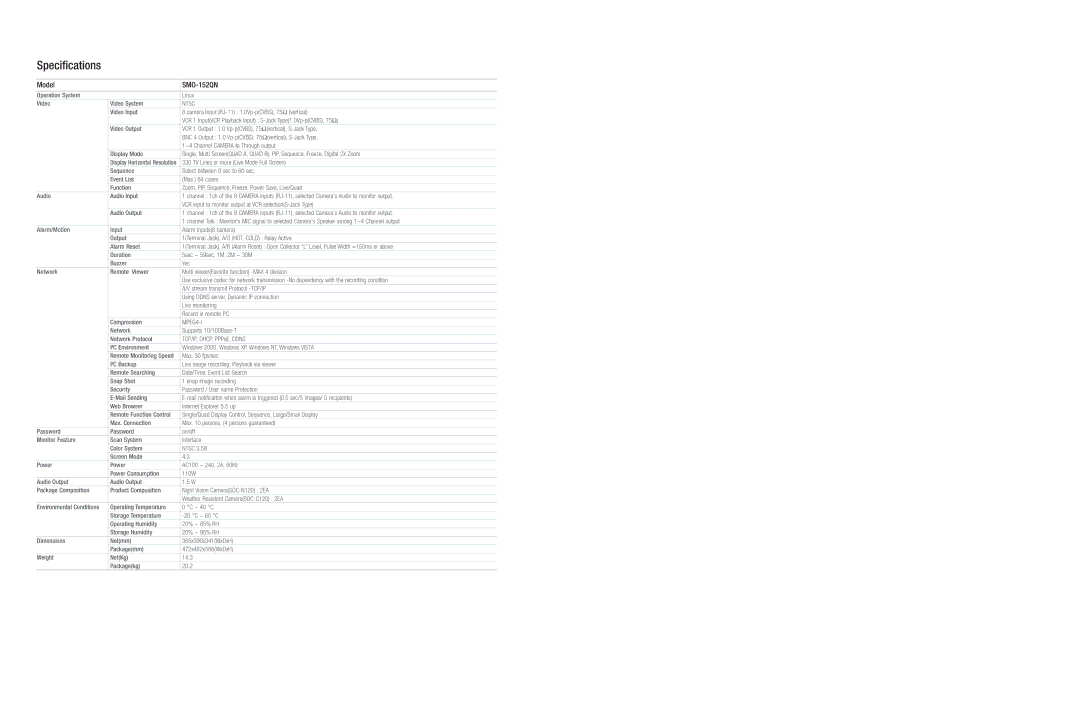 Samsung specifications Specifications, Model SMO-152QN, Ntsc, MPEG4-I 