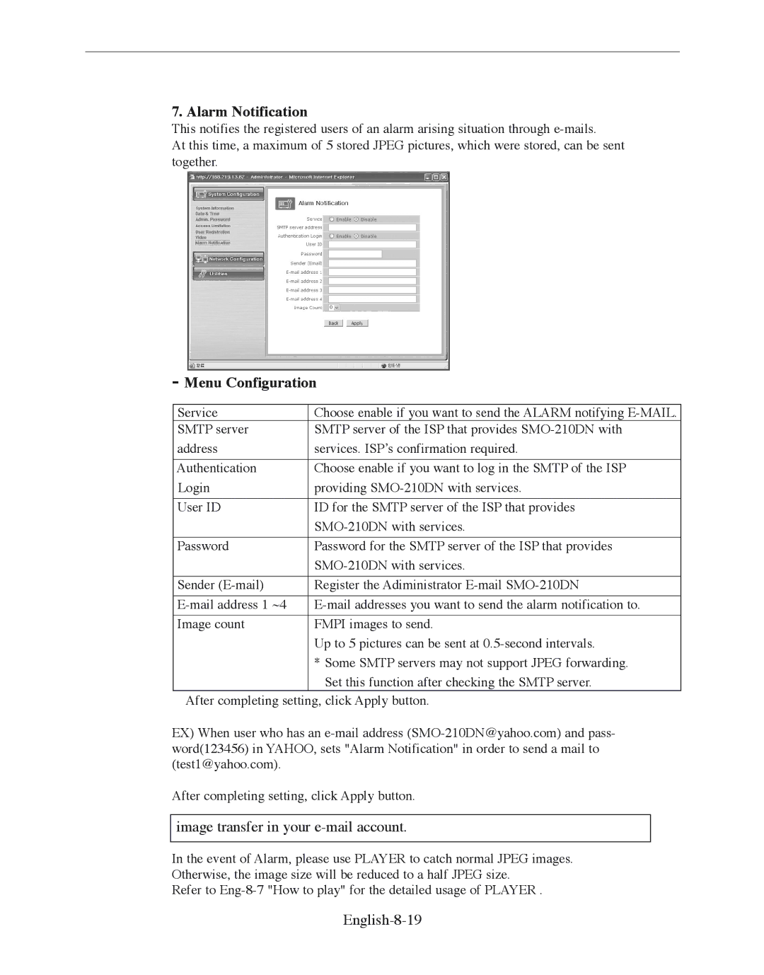 Samsung SMO-210DN manual Alarm Notification, Image transfer in your e-mail account, English-8-19 