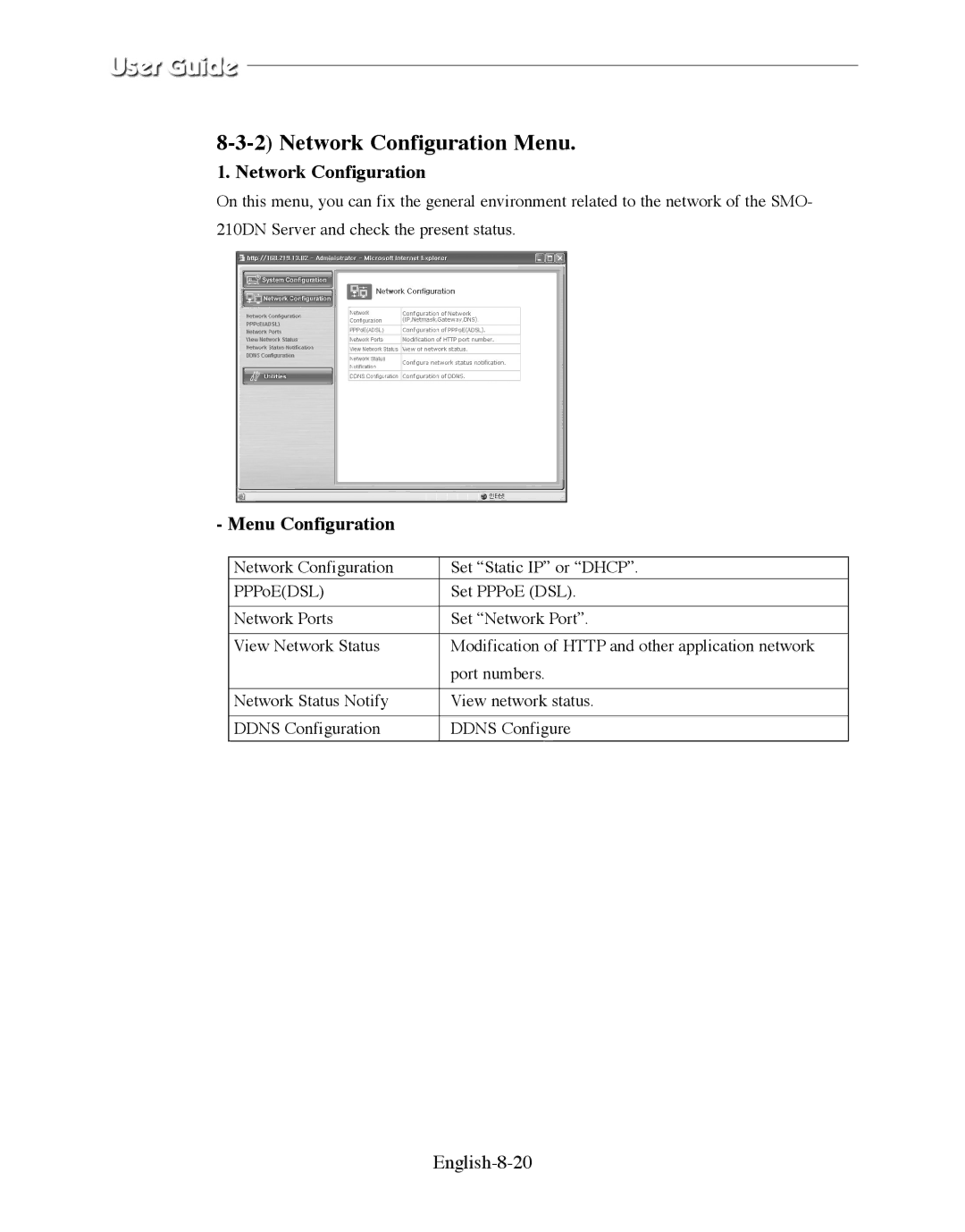 Samsung SMO-210DN manual Network Configuration, English-8-20 