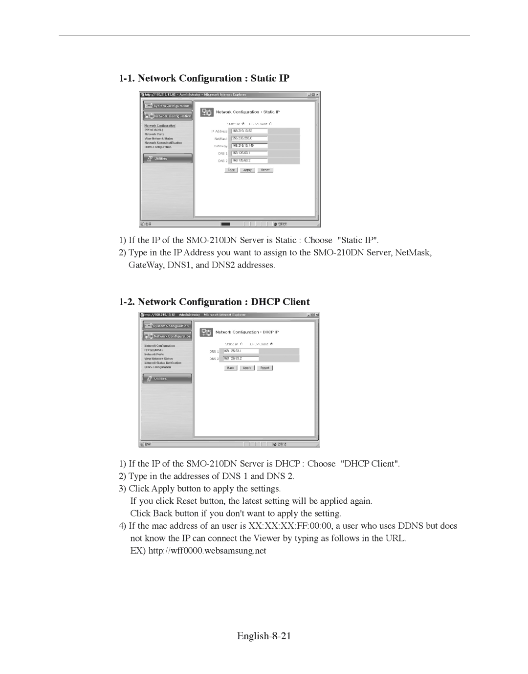 Samsung SMO-210DN manual Network Configuration Static IP, Network Configuration Dhcp Client, English-8-21 