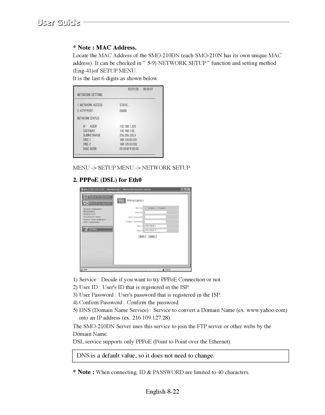 Samsung SMO-210DN manual PPPoE DSL for Eth0 