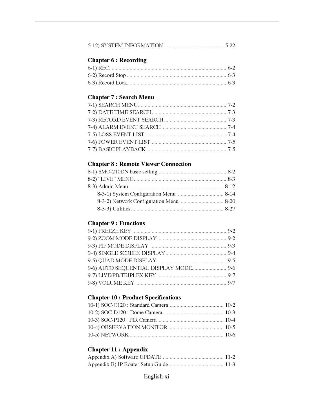 Samsung SMO-210DN manual Recording, Search Menu, Remote Viewer Connection, Functions, Product Specifications, Appendix 