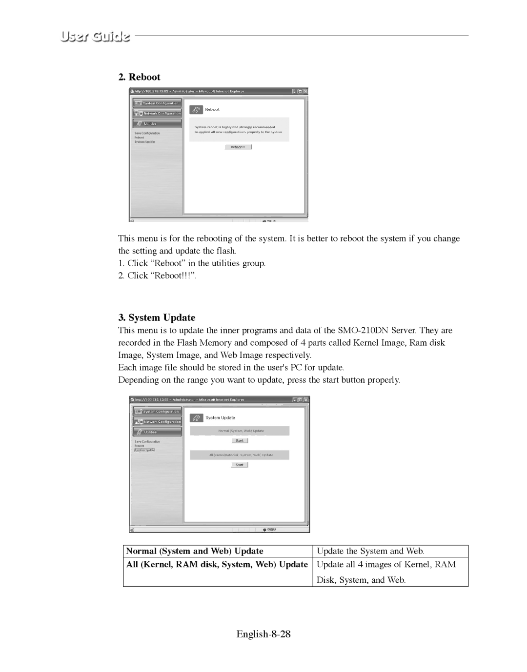 Samsung SMO-210DN manual Reboot, System Update, English-8-28, Normal System and Web Update 