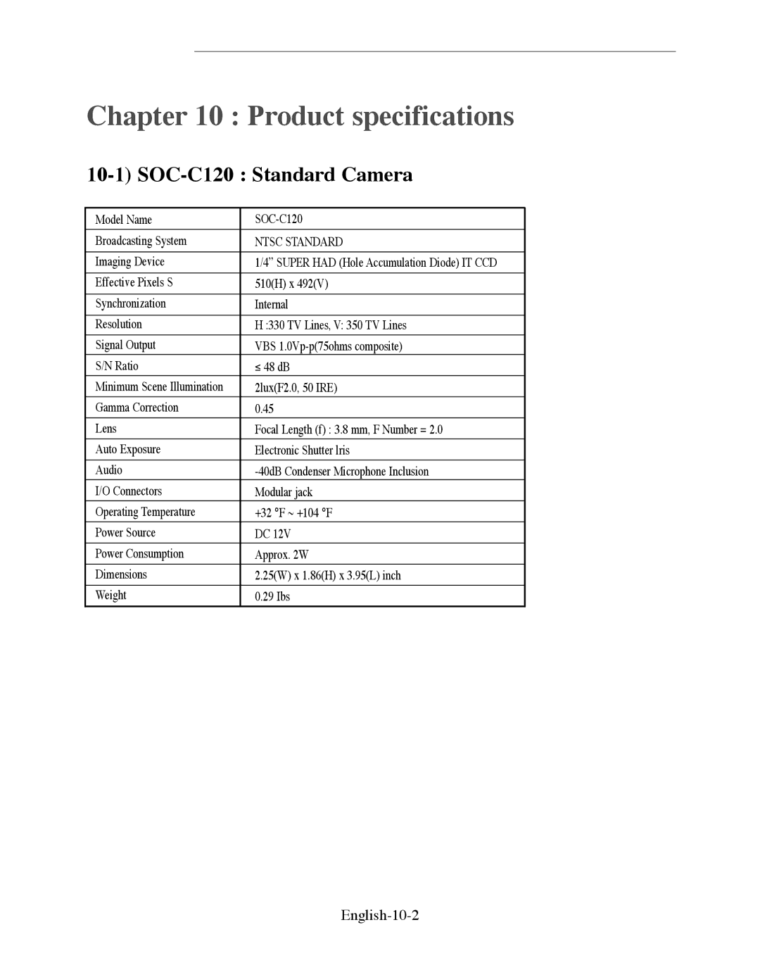 Samsung SMO-210DN manual SOC-C120 Standard Camera, English-10-2 