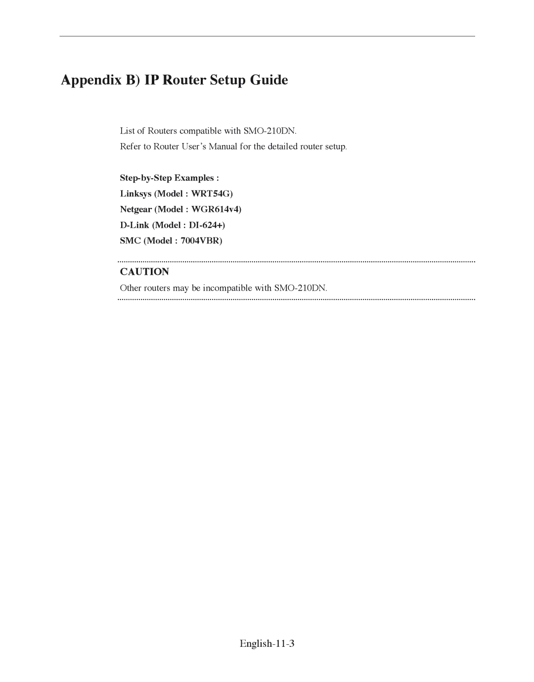 Samsung SMO-210DN manual Appendix B IP Router Setup Guide, English-11-3 