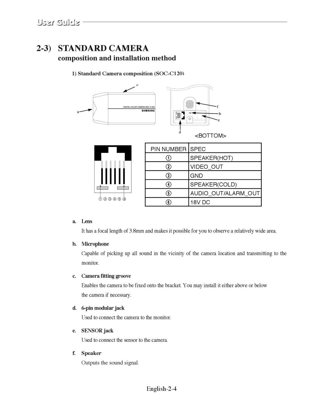 Samsung SMO-210DN manual Standard Camera, English-2-4 