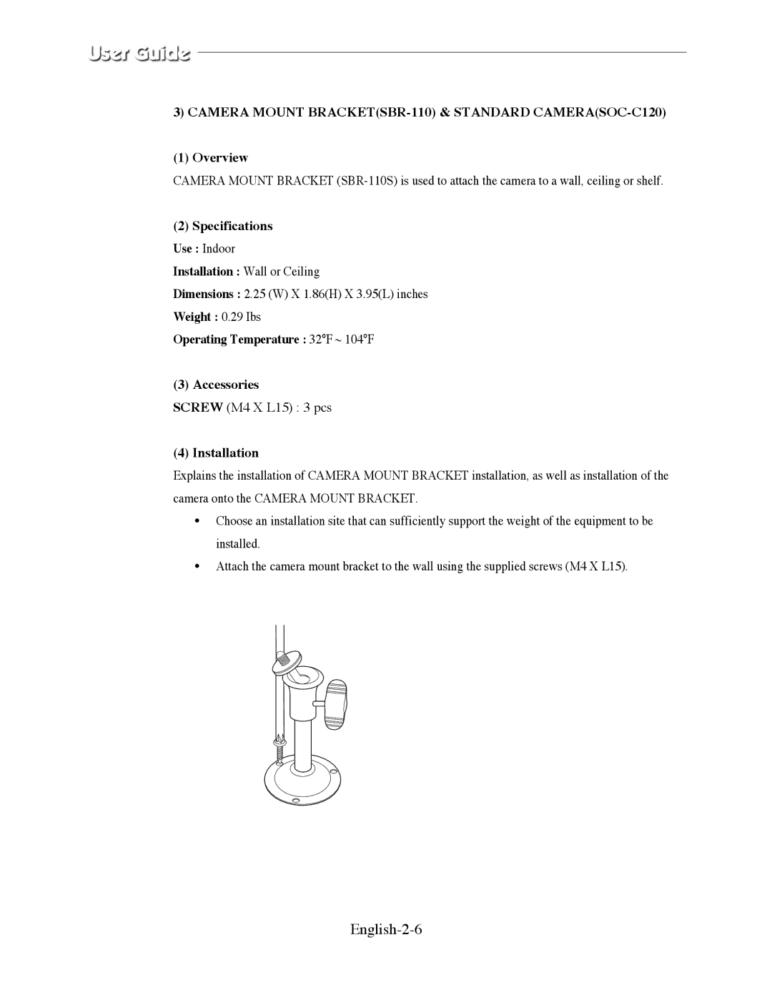 Samsung SMO-210DN manual English-2-6, Camera Mount BRACKETSBR-110 & Standard CAMERASOC-C120, Overview, Installation 