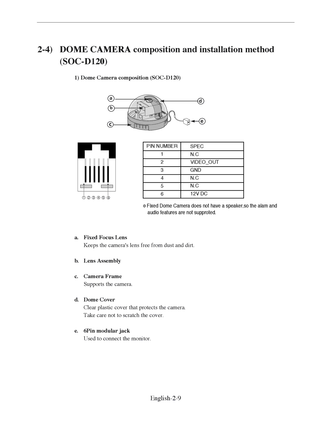 Samsung SMO-210DN manual Dome Camera composition and installation method SOC-D120, English-2-9 