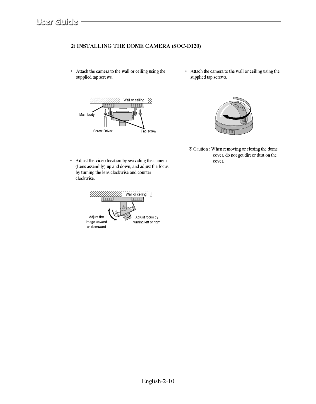 Samsung SMO-210DN manual English-2-10, Installing the Dome Camera SOC-D120 