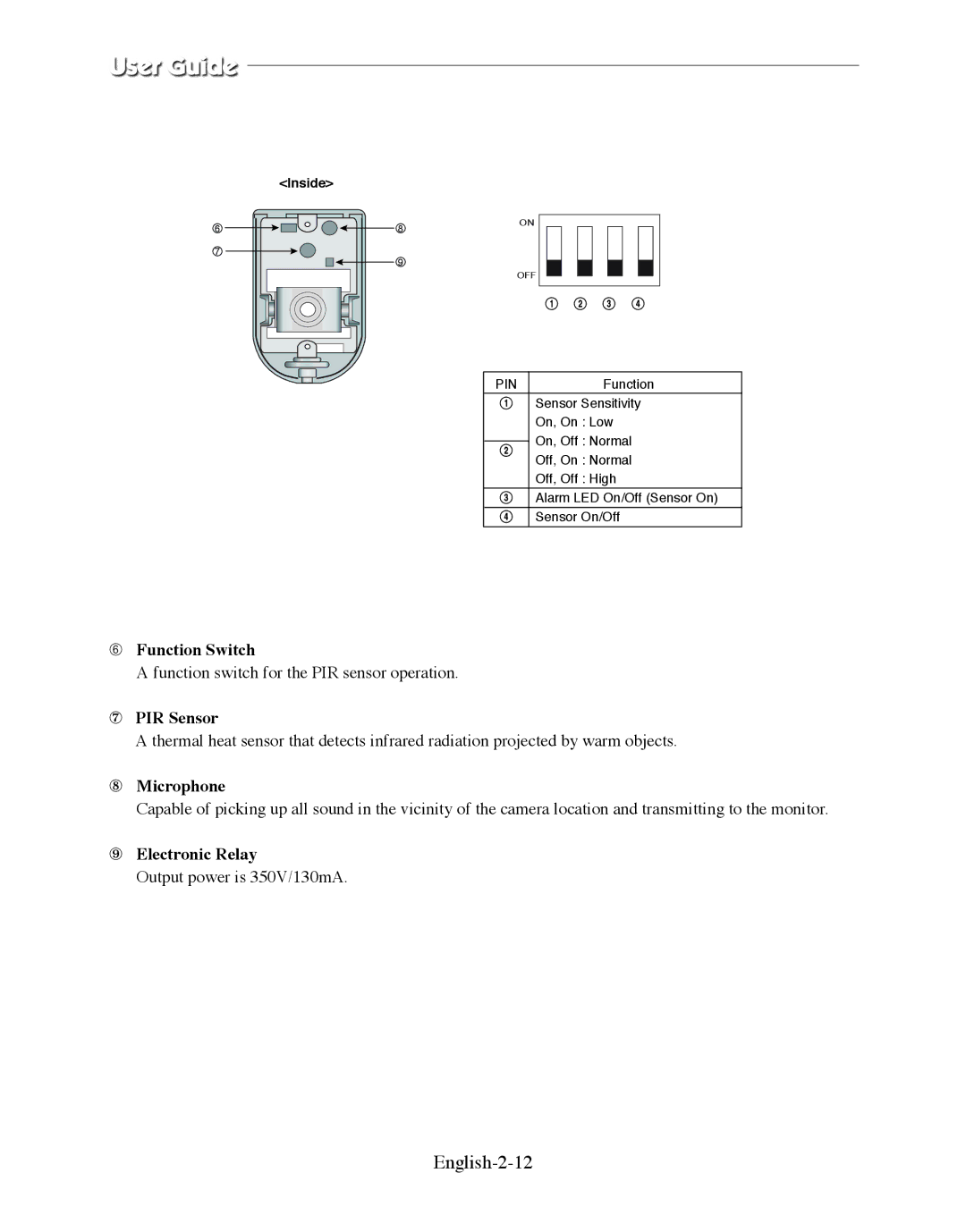 Samsung SMO-210DN manual English-2-12, ➅ Function Switch, ⑦ PIR Sensor, ⑧ Microphone, ⑨ Electronic Relay 