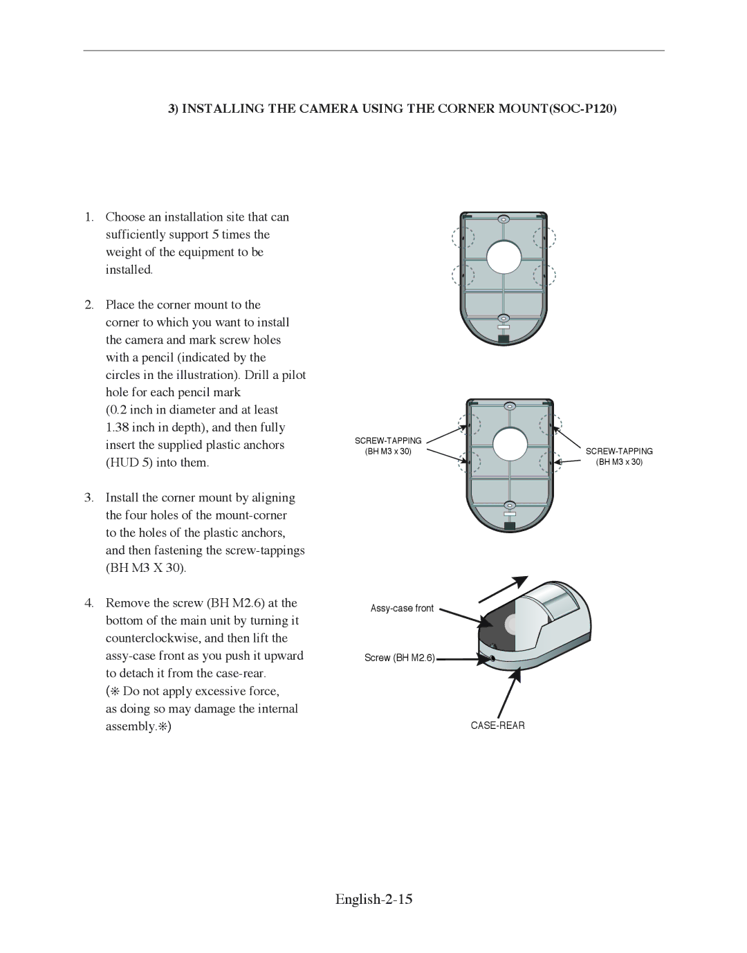 Samsung SMO-210DN manual English-2-15, Installing the Camera Using the Corner MOUNTSOC-P120 