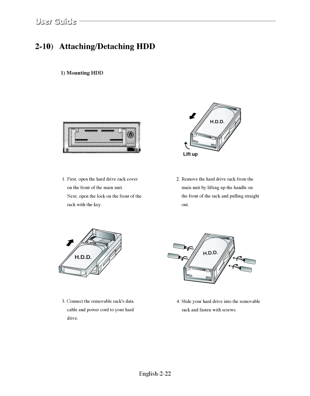 Samsung SMO-210DN manual Attaching/Detaching HDD, English-2-22, Mounting HDD 