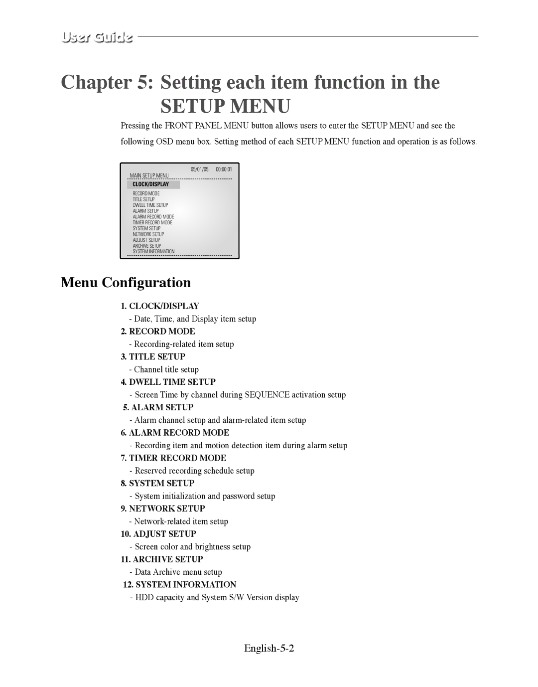 Samsung SMO-210DN manual Menu Configuration, English-5-2 