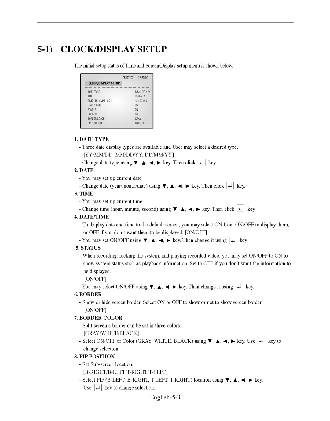 Samsung SMO-210DN manual CLOCK/DISPLAY Setup, English-5-3 