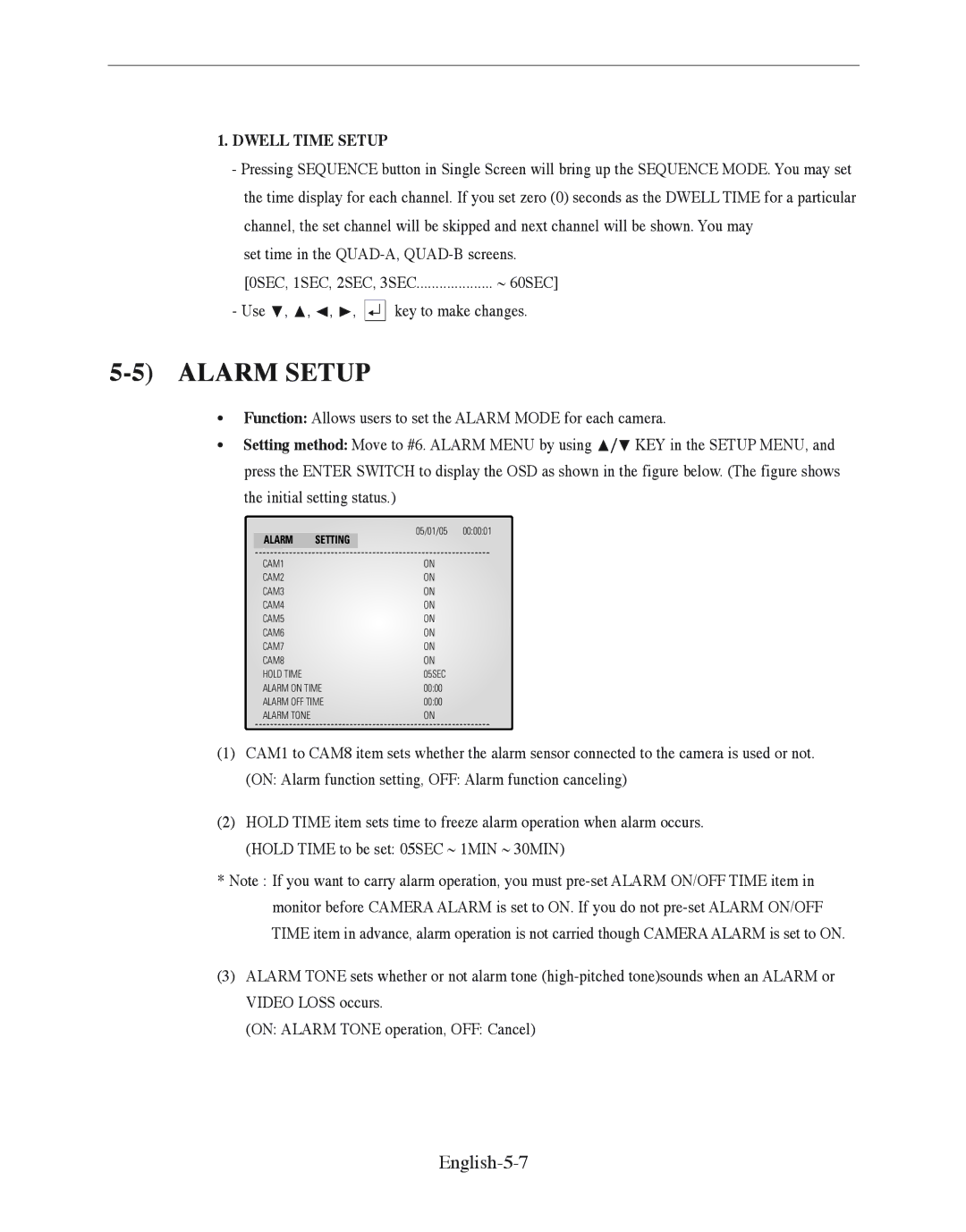 Samsung SMO-210DN manual Alarm Setup, English-5-7 