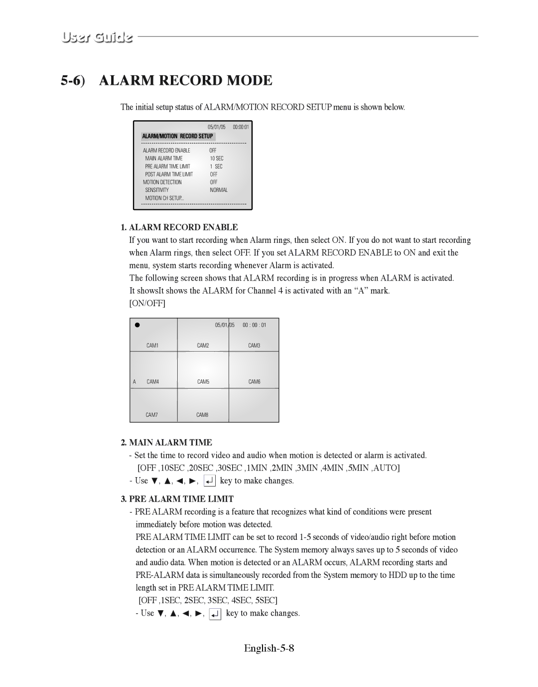 Samsung SMO-210DN manual Alarm Record Mode, English-5-8, Alarm Record Enable, Main Alarm Time, PRE Alarm Time Limit 