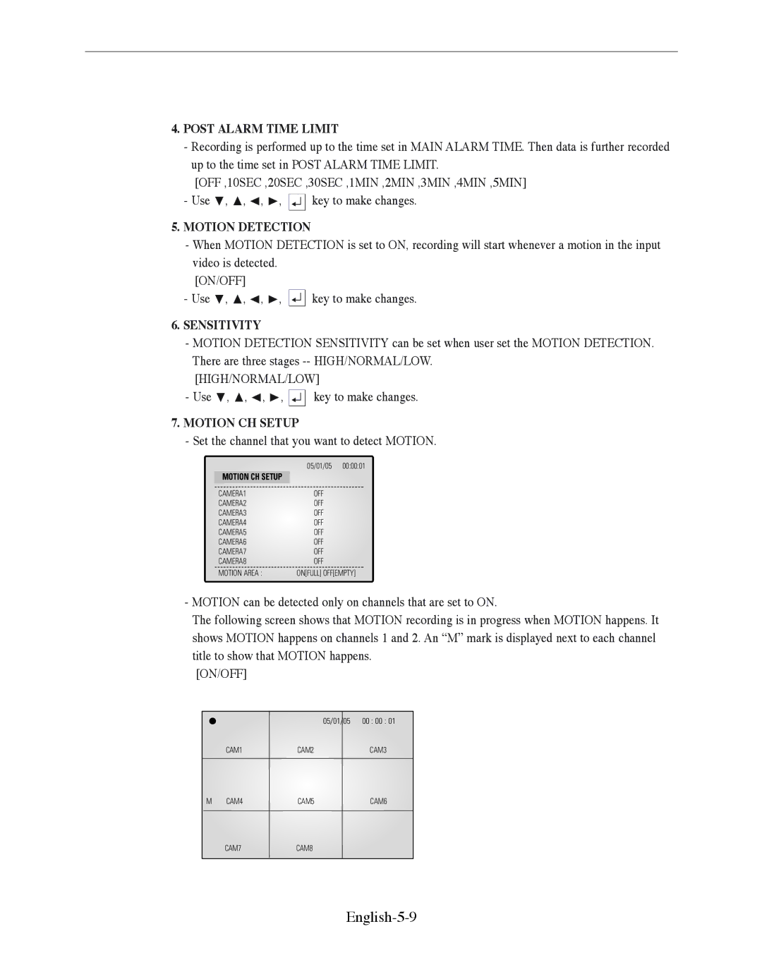 Samsung SMO-210DN manual English-5-9, Post Alarm Time Limit, Motion Detection, Sensitivity, Motion CH Setup 