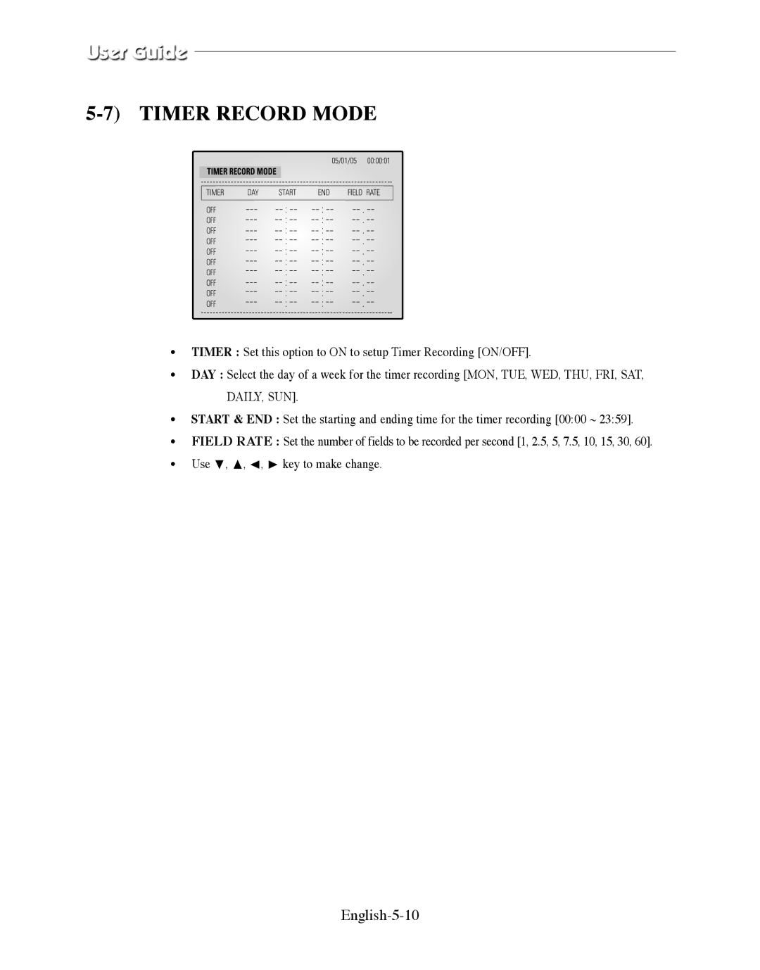 Samsung SMO-210DN manual Timer Record Mode, English-5-10 